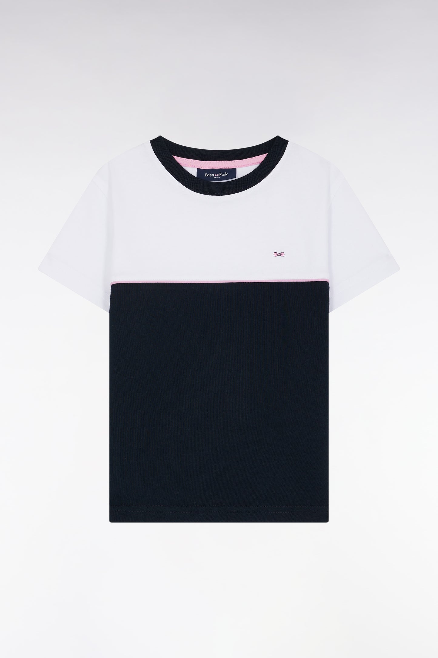 Two-tone T-shirt in navy cotton jersey, straight cut