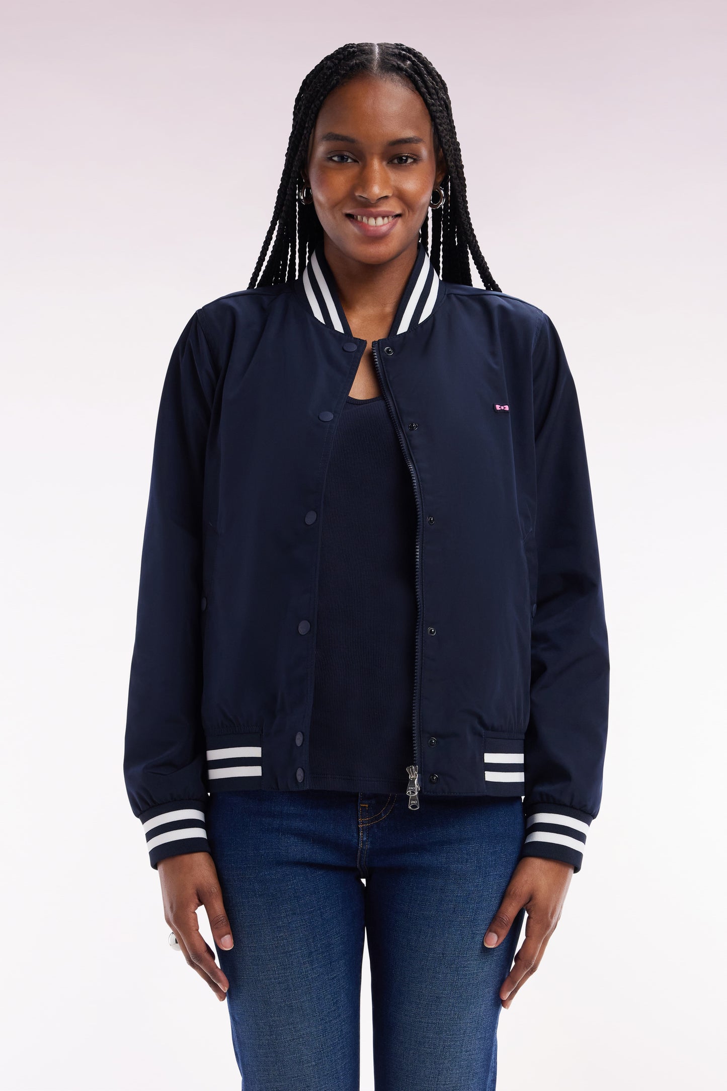 Navy zipped teddy jacket with striped ribbed edges
