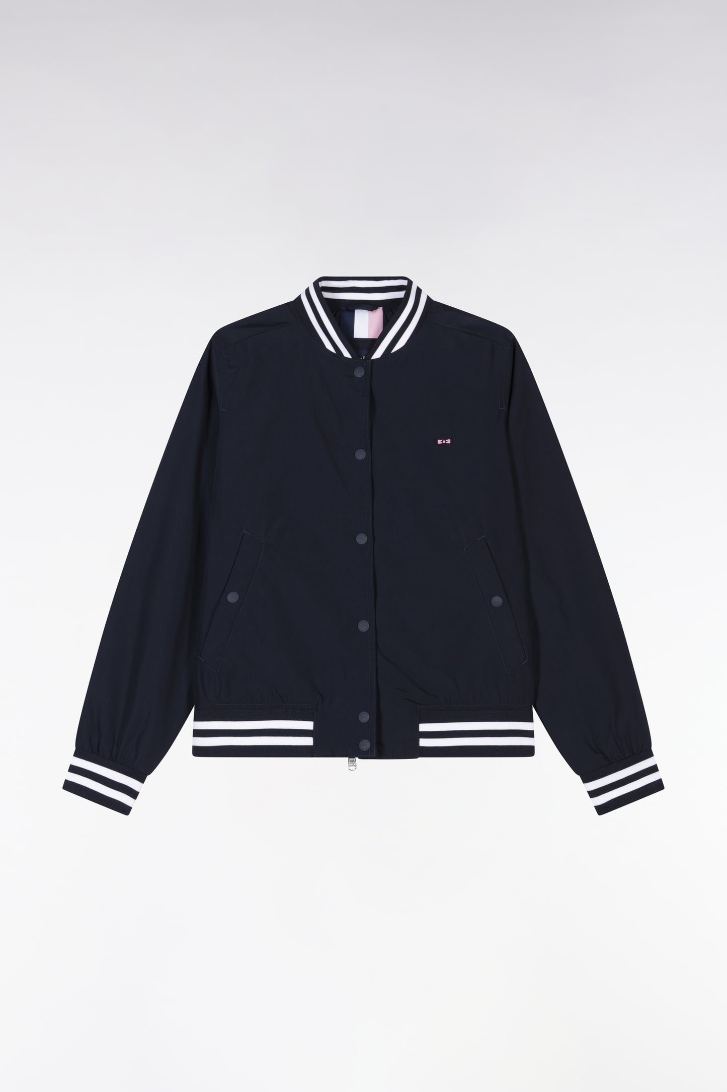 Navy zipped teddy jacket with striped ribbed edges