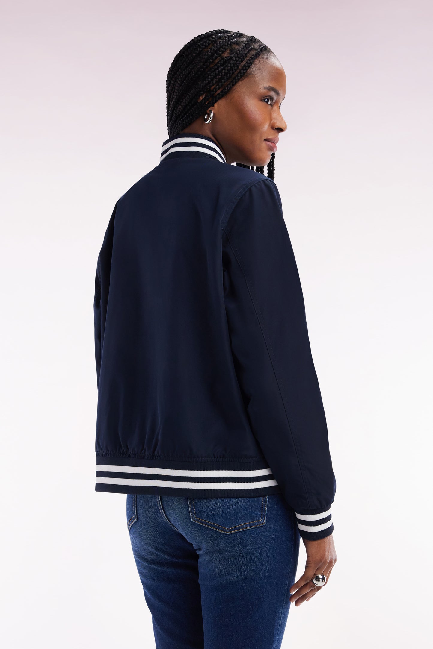 Navy zipped teddy jacket with striped ribbed edges