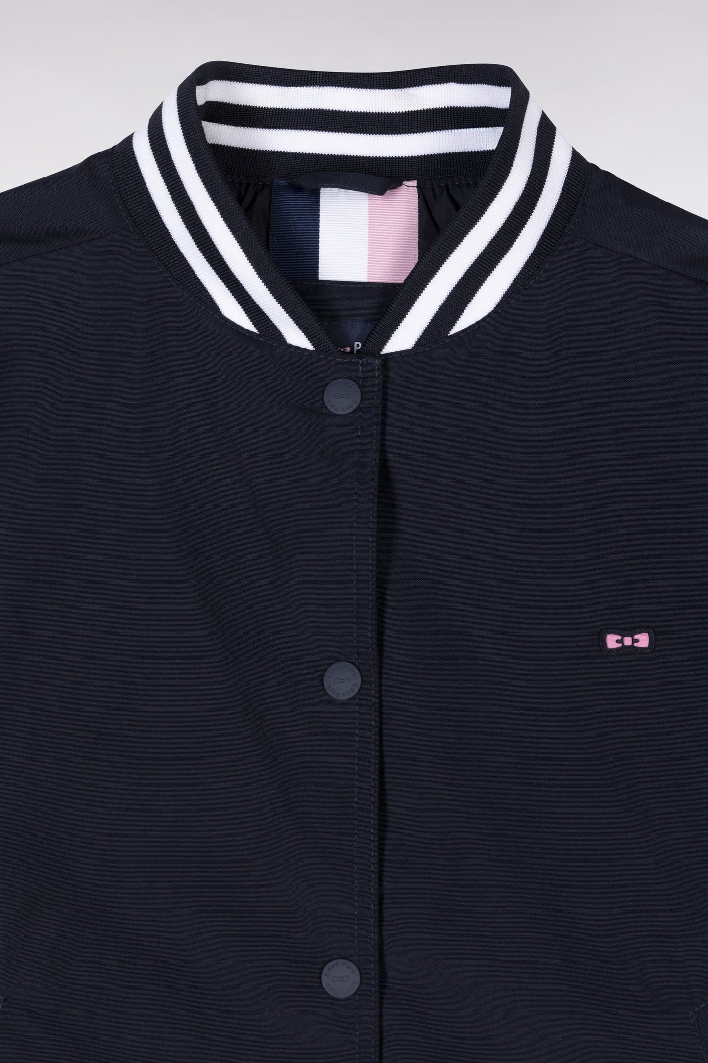 Navy zipped teddy jacket with striped ribbed edges