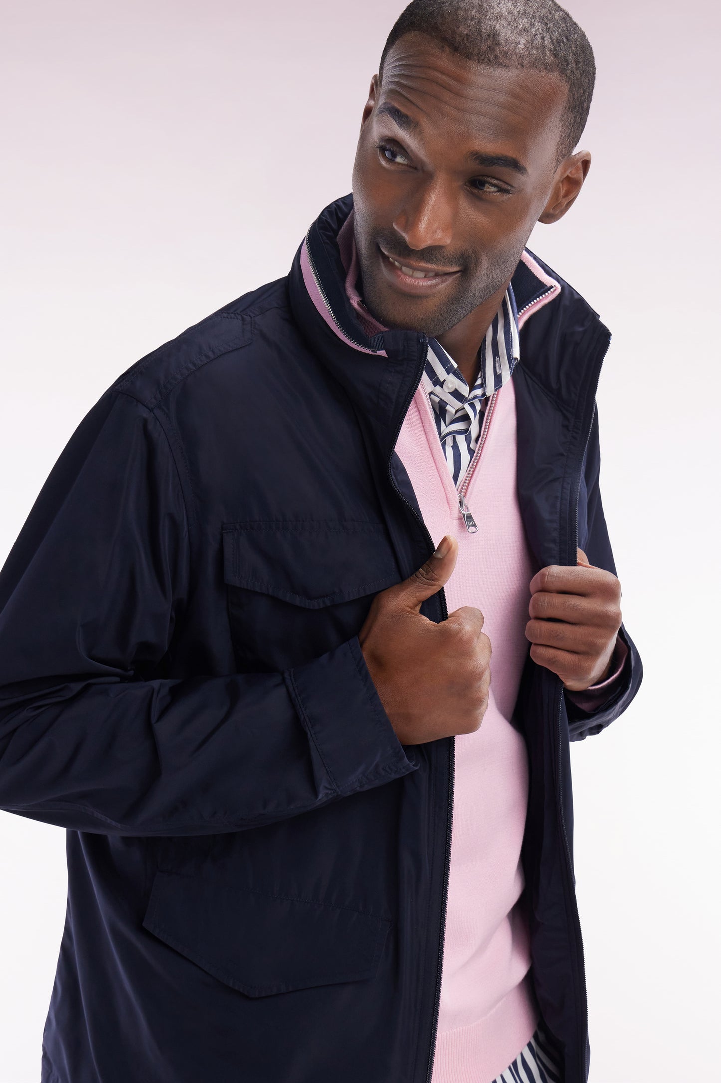 Short 4-pocket parka with stand-up collar and hood in navy blue polyamide