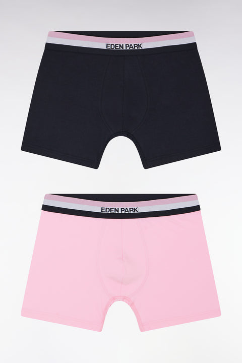 Set of two plain stretch cotton jersey boxers with navy and pink three-tone elastic waistband - Image 1