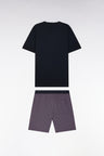 Short pyjamas in navy and burgundy cotton jersey with micropatterned shorts