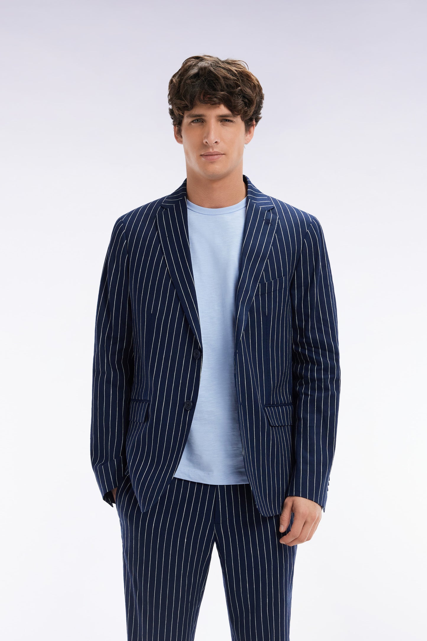 Modern fit navy suit jacket with tennis stripes