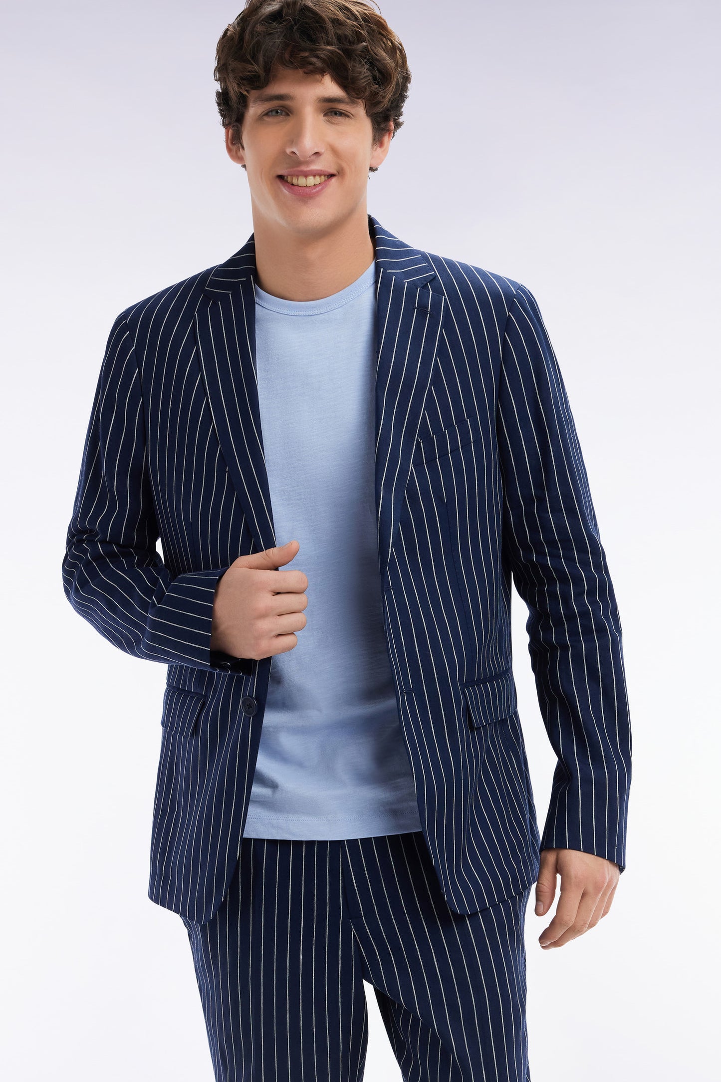 Modern fit navy suit jacket with tennis stripes