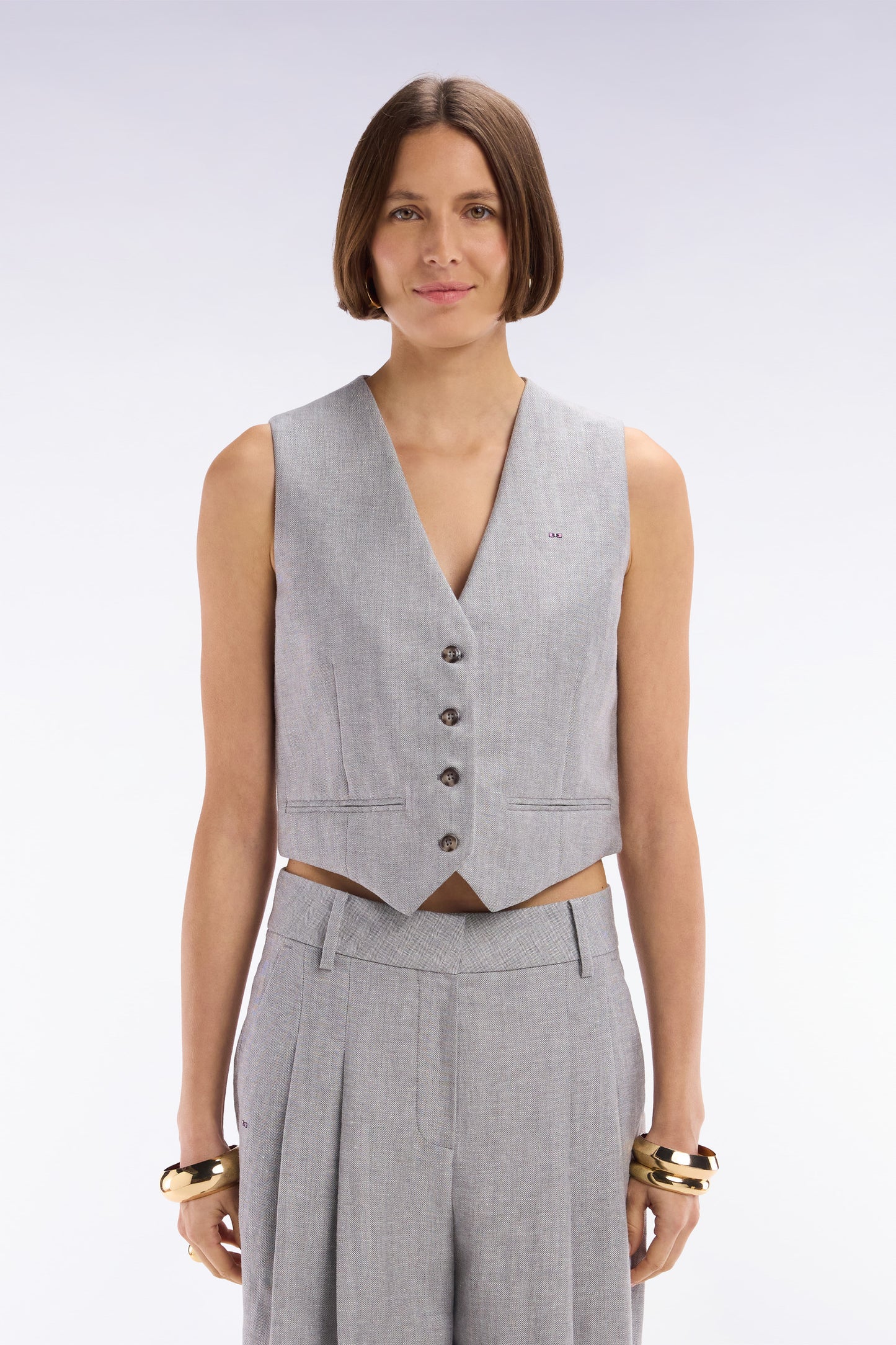 Grey suit waistcoat in linen and wool twill with herringbone pattern