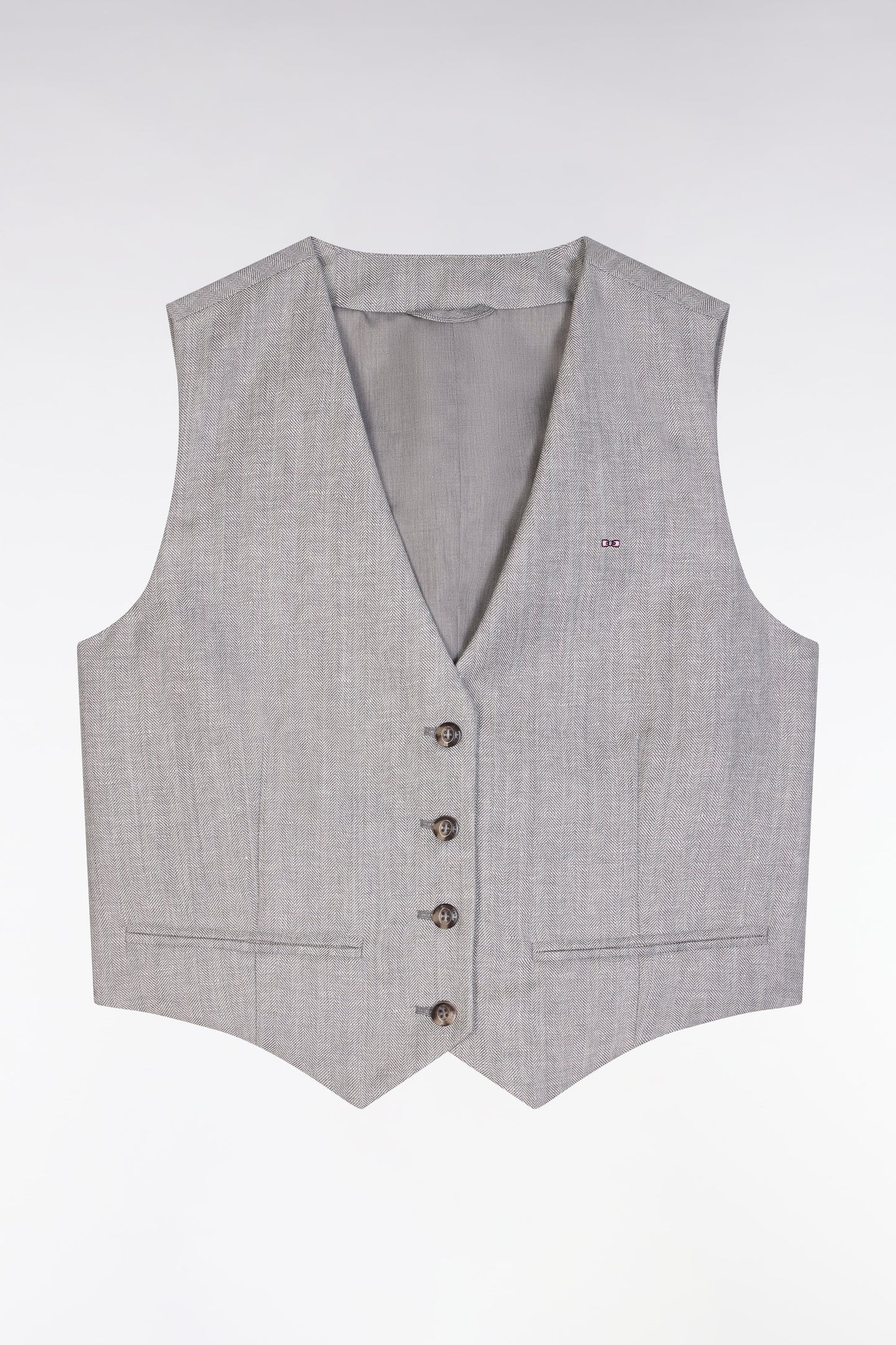 Grey suit waistcoat in linen and wool twill with herringbone pattern
