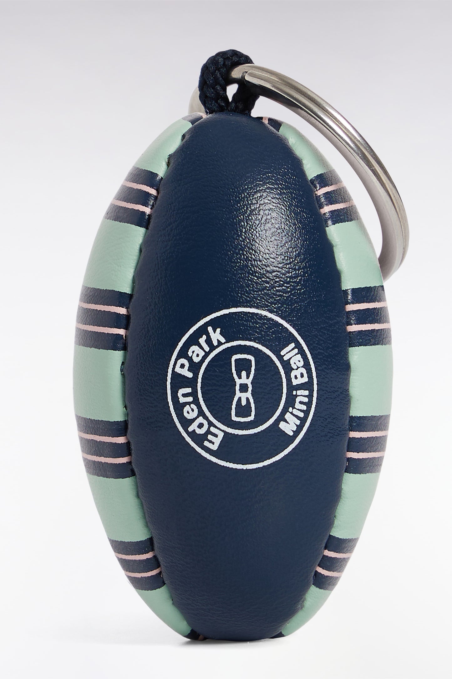 Rugby ball key ring with sea green and navy stripes
