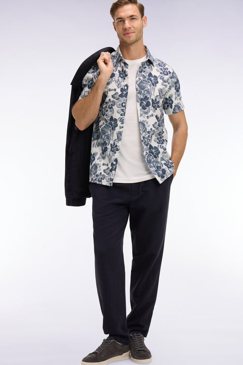 Modern fit navy cotton linen and lyocell pants - Image 1