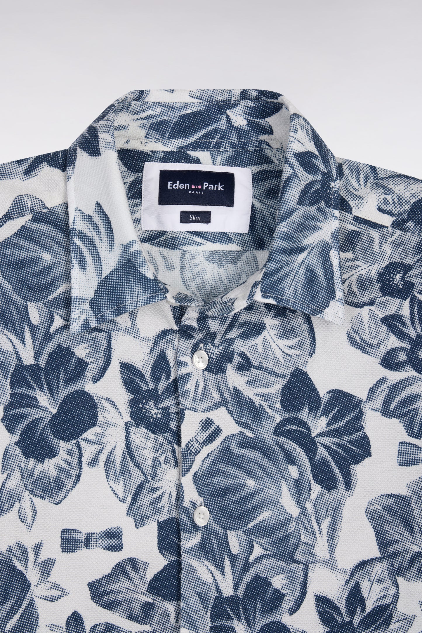 Short-sleeved slim-fit navy floral cotton piqué shirt