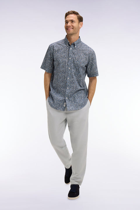 Short-sleeved blue cotton shirt with floral micro-pattern - Image 1