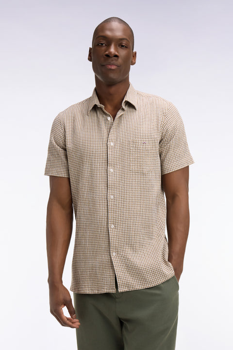 Beige Plaid Seersucker Cotton Short Sleeve Slim Fit Shirt - Image 3
