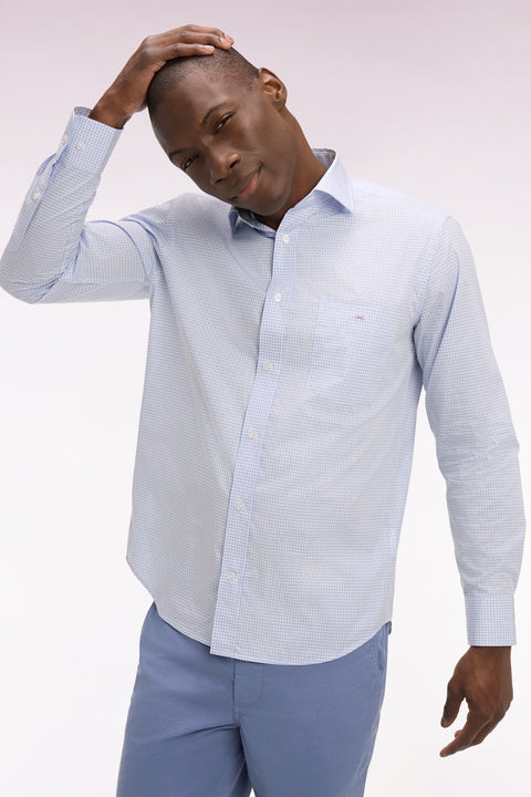 Chemise en coton dobby à carreaux ciel coupe regular - Image 1