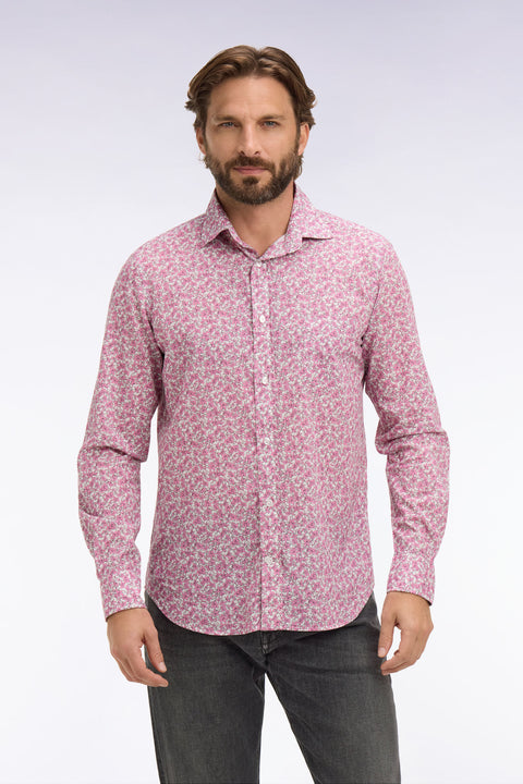 Chemise en popeline de coton rose à micromotifs floral coupe slim - Image 3