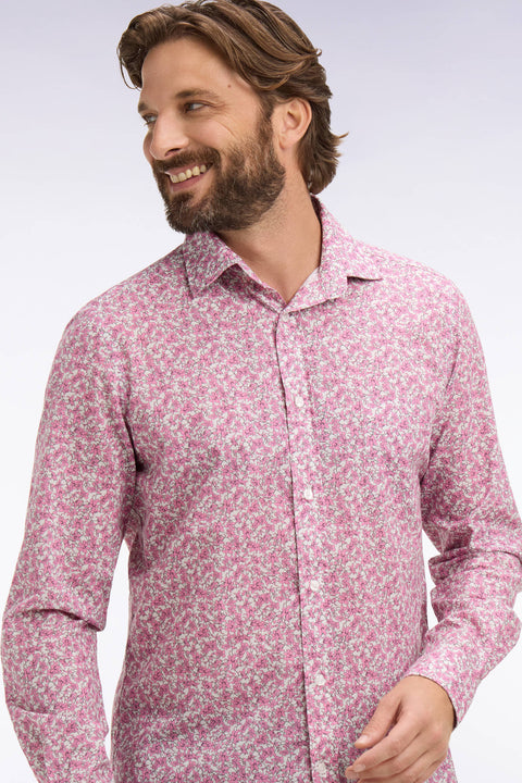 Chemise en popeline de coton rose à micromotifs floral coupe slim - Image 1