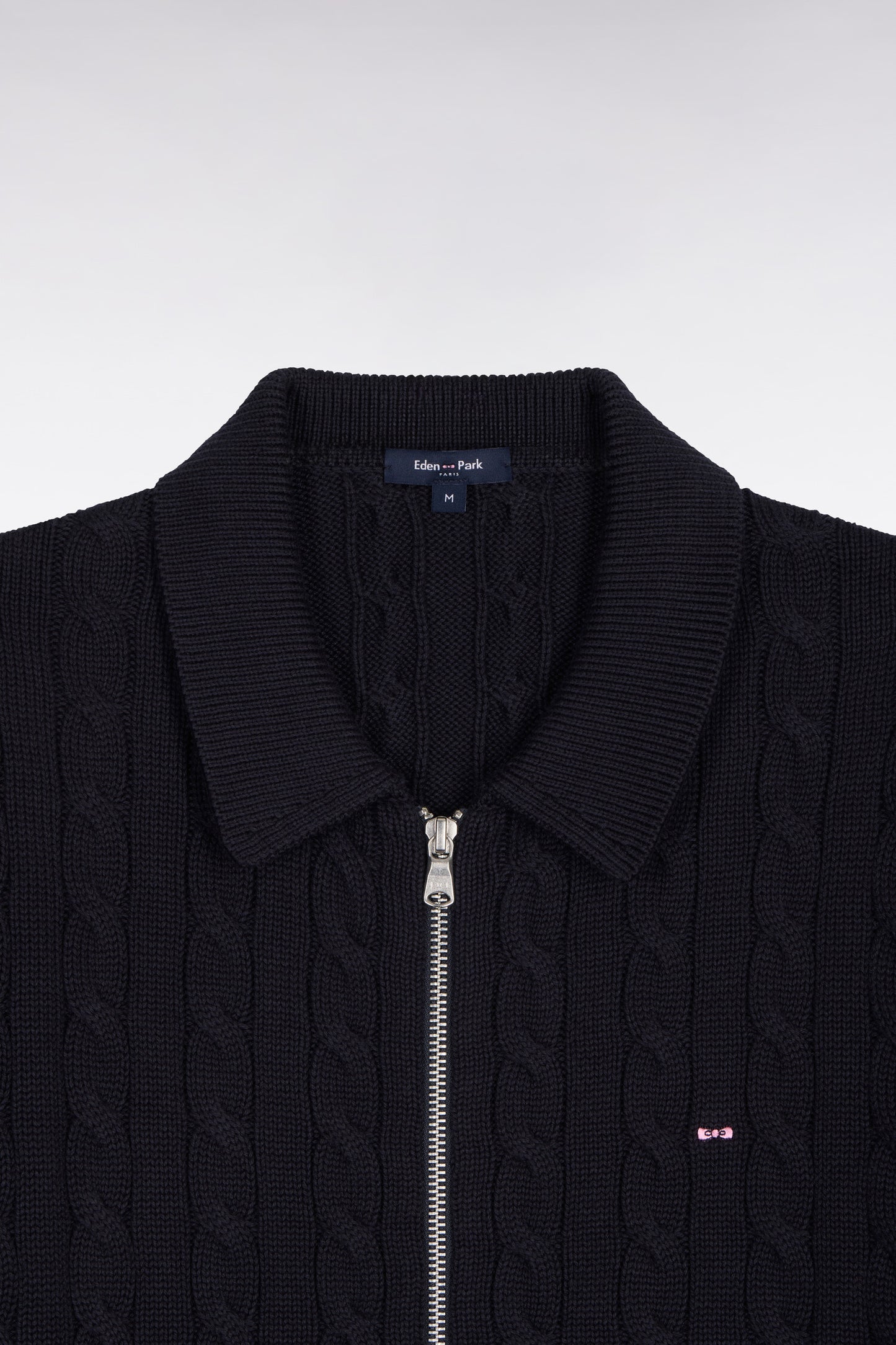 Zippered cable-knit cardigan in navy cotton