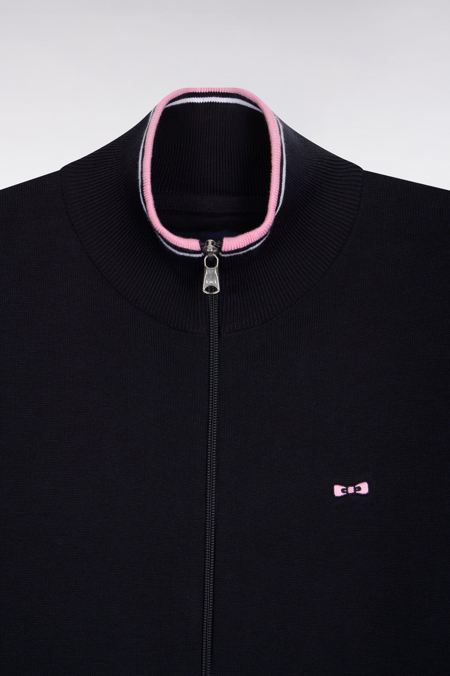 Navy cotton zipped cardigan with striped ribbed edges