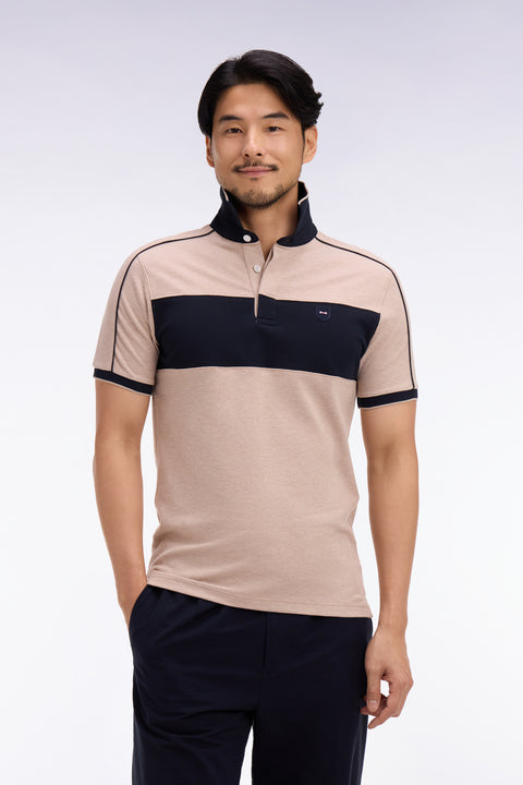 Polo à manches courtes en coton stretch marine et beige coupe slim - Image 3