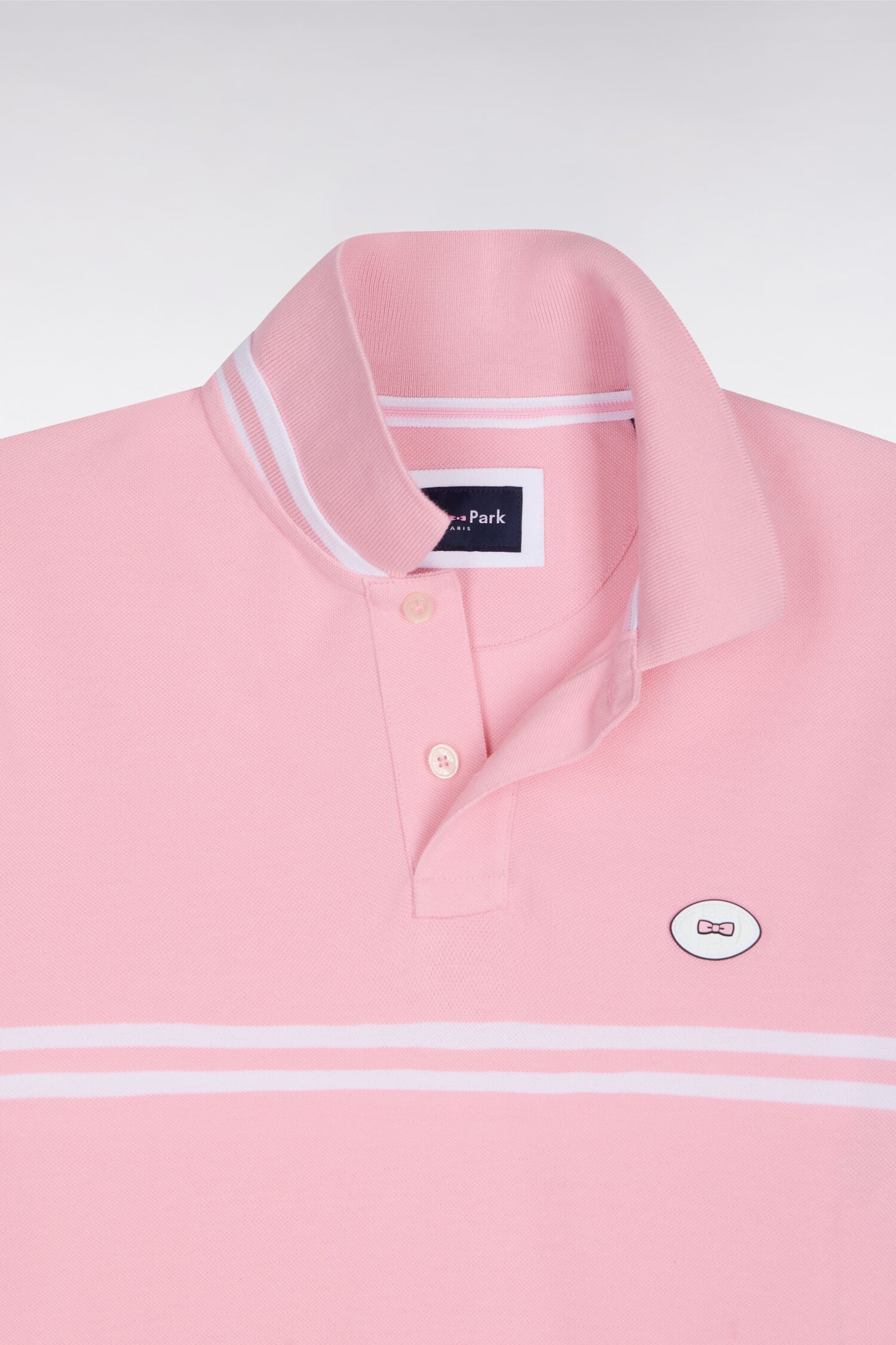 Short-sleeved pink cotton polo shirt with white stripes, regular fit