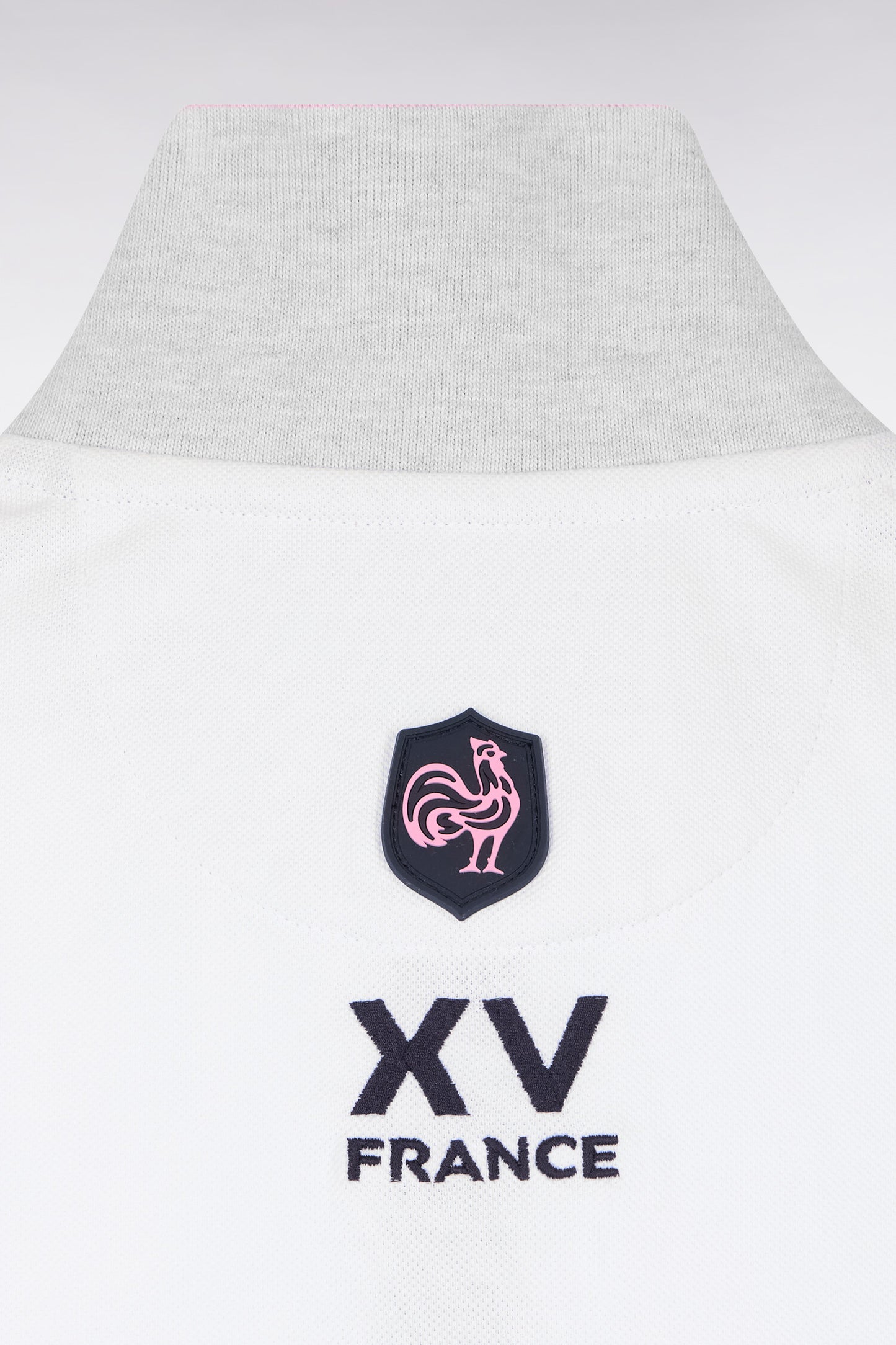 XV de France short-sleeved polo shirt in white cotton pique with navy cutouts