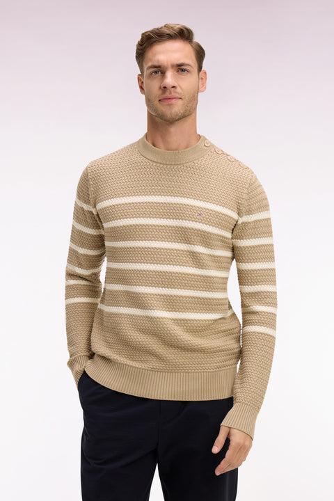 Pull marin à épaule boutonnée en coton chevron beige - Image 3