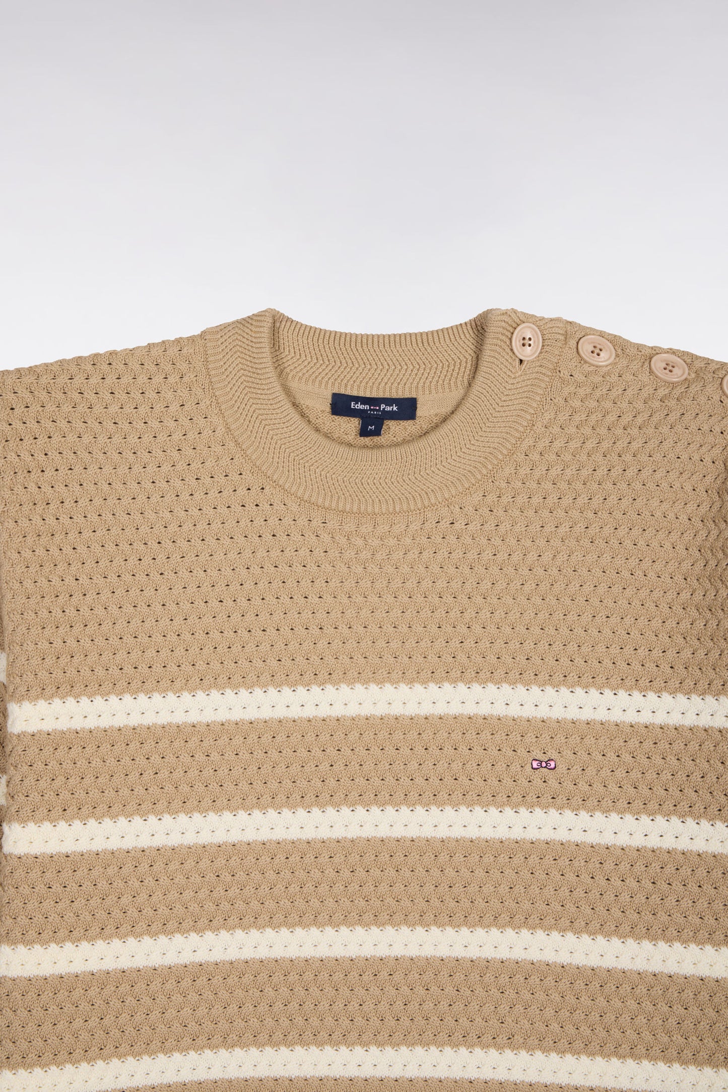 Sailor sweater with buttoned shoulder in beige chevron cotton