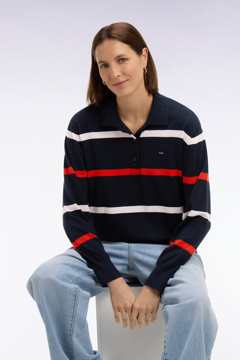 Pull maillot rayé en coton et soie mélangés marine - Image 1