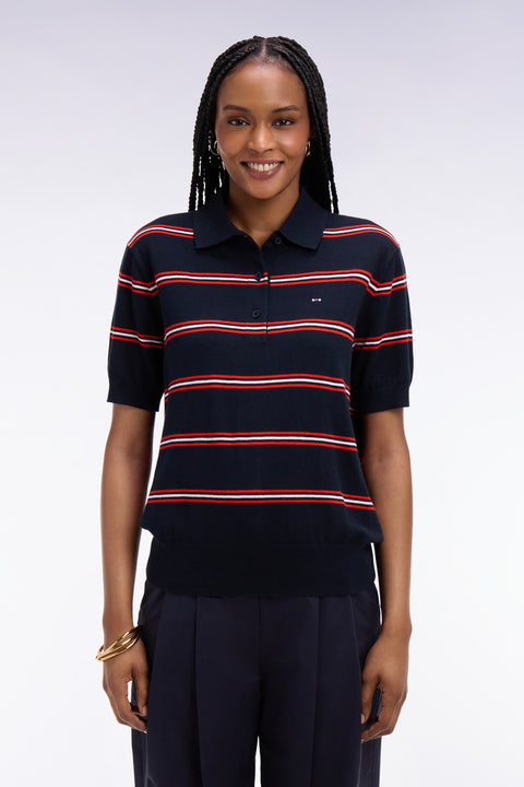 Pull à manches courtes rayé en coton et soie mélangés marine coupe regular - Image 3