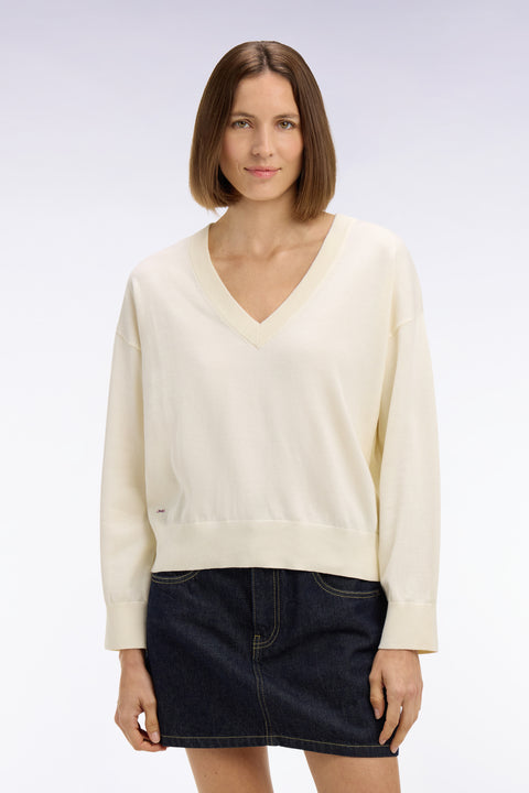 Pull-over à col V en coton écru coupe oversized - Image 3