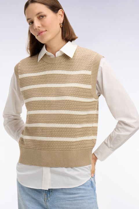 Pull marinière sans manche en coton tressé beige - Image 1