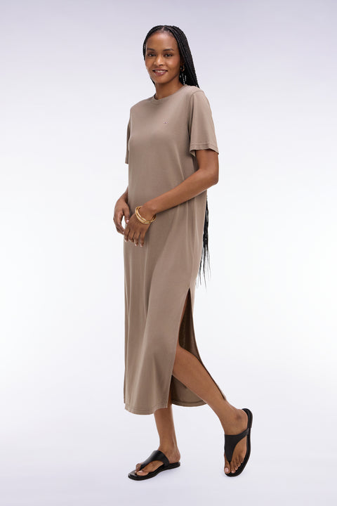 Beige straight cut lyocell and cotton T-shirt dress - Image 1