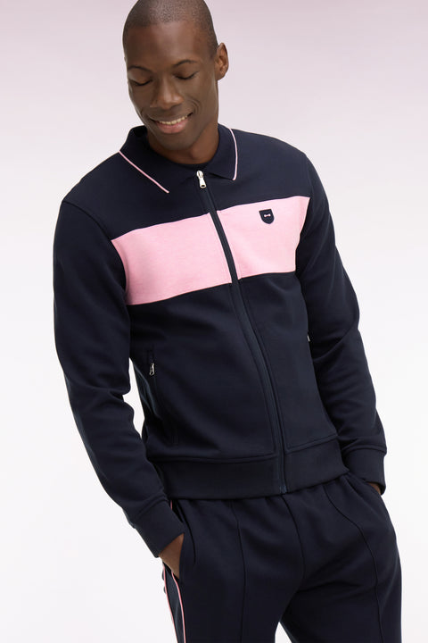 Sweatshirt zippé col polo en molleton marine - Image 1