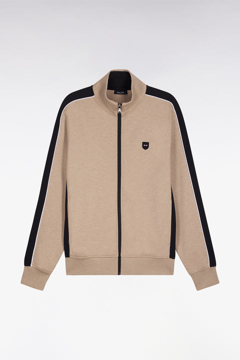 Sweatshirt zippé en interlock beige à découpes contrastées - Image 2