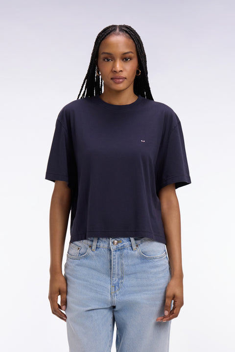 Short-sleeved t-shirt in navy lyocell and cotton oversized cut - Image 3