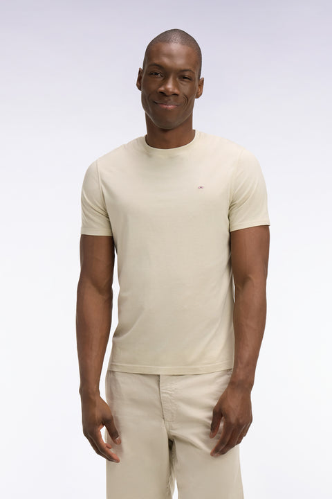 Short-sleeved beige lyocell and cotton T-shirt, regular fit - Image 3