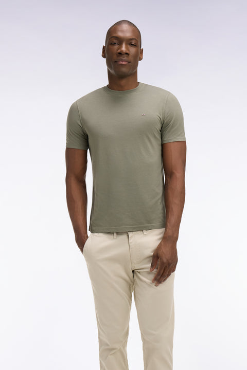 Khaki regular-fit short-sleeved lyocell and cotton T-shirt - Image 3