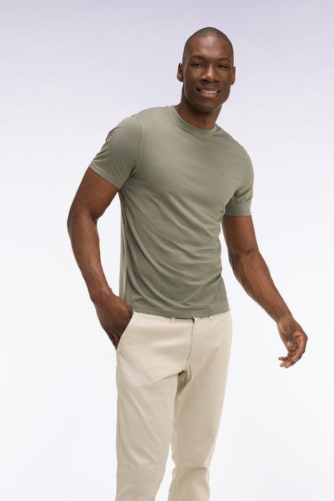 Khaki regular-fit short-sleeved lyocell and cotton T-shirt - Image 1