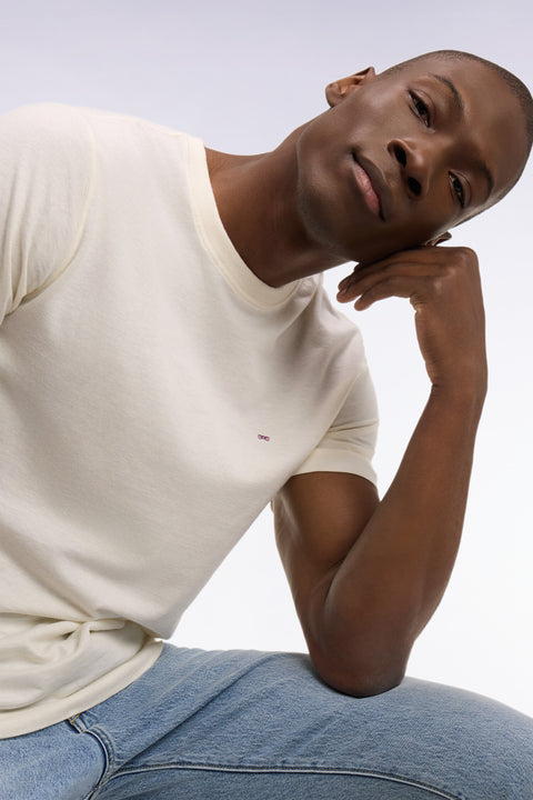 T-shirt à manches courtes en coton et lin écru coupe regular - Image 1