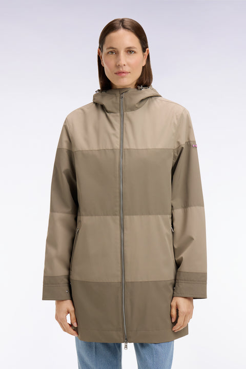 Parka longue kaki à rayures camaïeu et capuche intégrée - Image 3