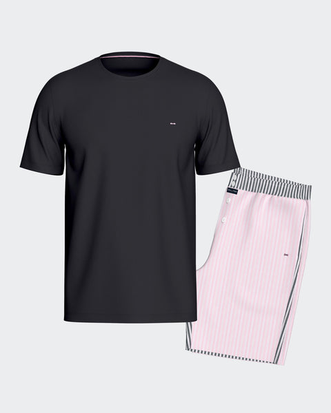 Pyjama court en coton rose et marine à short rayé - Image 1