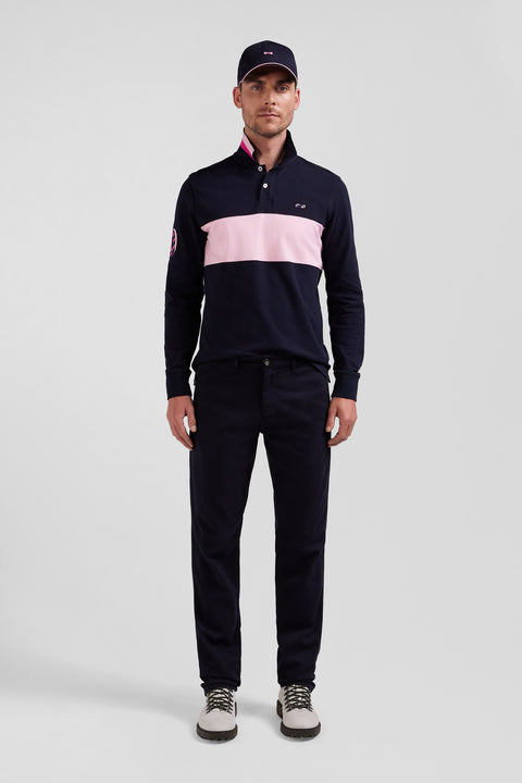 Regular navy blue stretch cotton piqué and modal chino trousers - Image 1