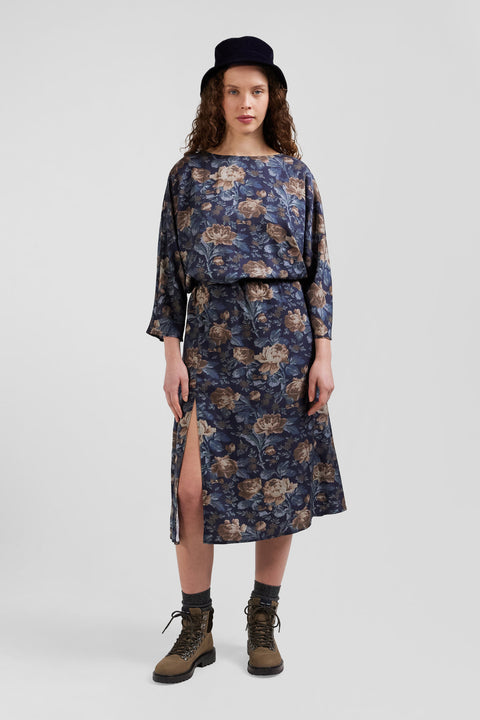 Navy blue lyocell floral dress with long sleeves - Image 1