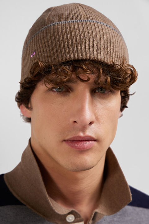 Brown cotton and cashmere beanie with contrasting trim - Image 2