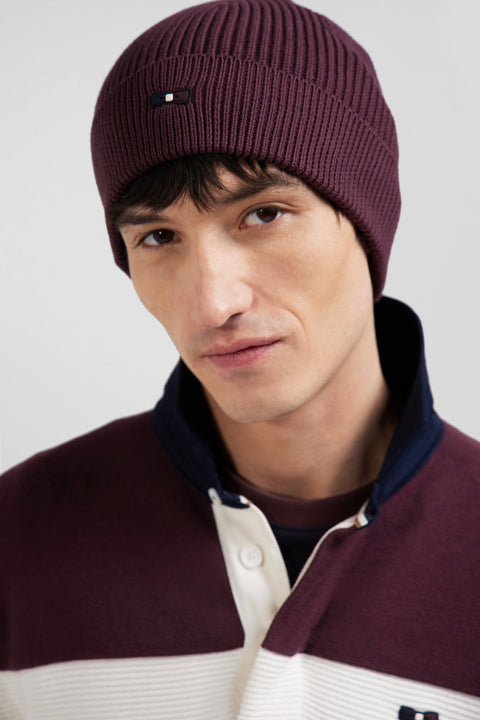 Burgundy knitted cotton beanie with tricolour details - Image 2
