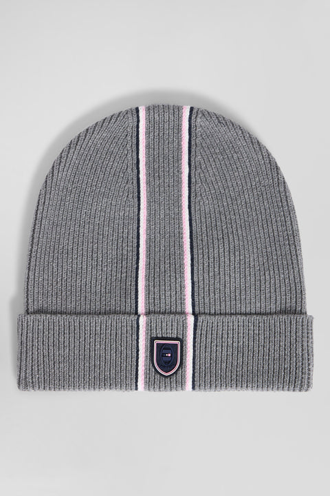 Grey cotton beanie with pink and white stripes - Image 1