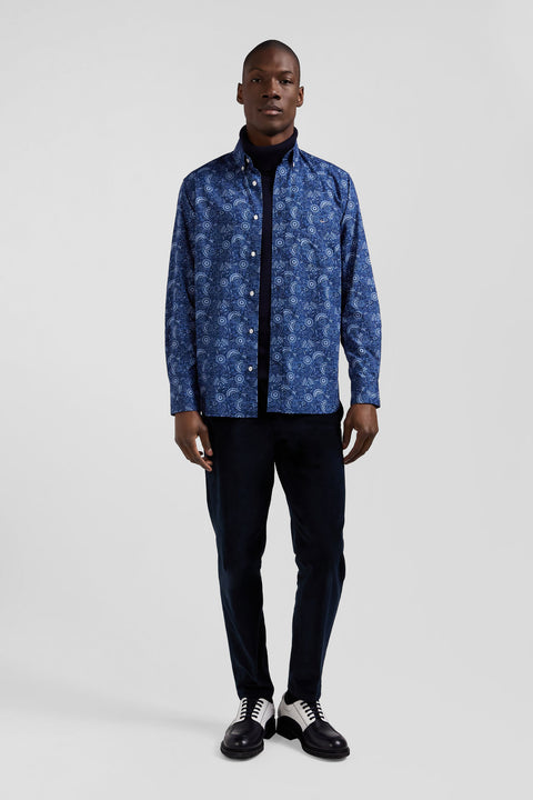 Regular navy blue cotton shirt with graphic print - Image 1