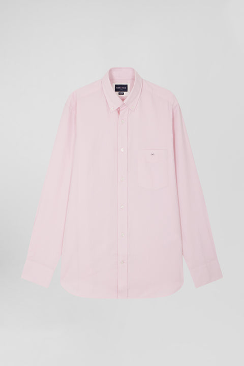 Regular plain pink cotton twill shirt with button-down collar - Image 1