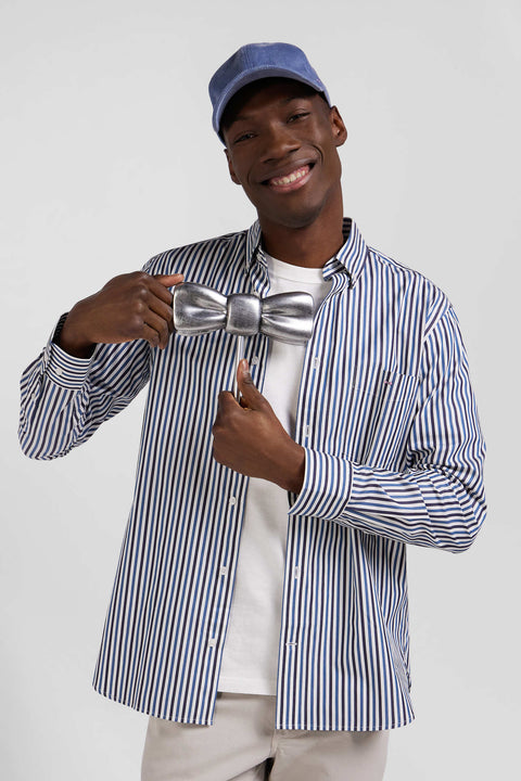 Regular dark blue striped cotton poplin shirt - Image 3