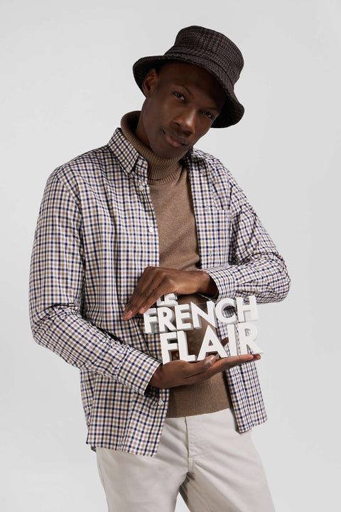 Regular brown and white checked cotton poplin shirt - Image 3